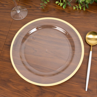 10-Pack Plastic 10’’ Round Dinner Plates in Clear with Gold Rim - Disposable Party Plates for Classy Banquets & Special