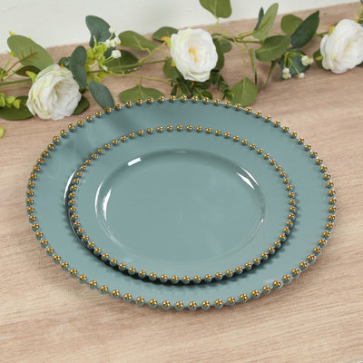 10-Pack Plastic 10’’ Round Dinner Plates in Dusty Blue with Gold Beaded Rim - Disposable Party Plates for Banquets &