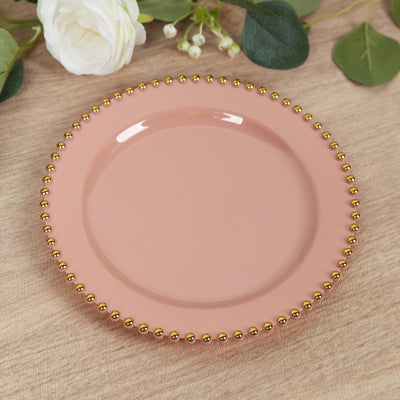 10-Pack Plastic 10’’ Round Dinner Plates in Dusty Rose with Gold Beaded Rim - Disposable Party Plates for Banquets &