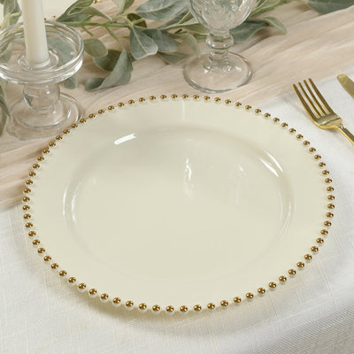 10-Pack Plastic 10’’ Round Dinner Plates in Ivory with Gold Beaded Rim - Disposable Party Plates for Banquets & Festive