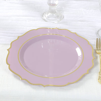10-Pack Plastic 10’’ Round Dinner Plates in Lavender Lilac with Gold Scalloped Rim - Disposable Party Plates - Plates
