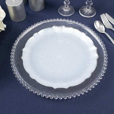 10-Pack Plastic 10’’ Round Dinner Plates in Pearl White Sunflower with Silver Scalloped Rim - Disposable Party Plates