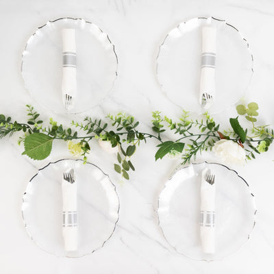 10-Pack Plastic 10’’ Round Dinner Plates in Pearl White Sunflower with Silver Scalloped Rim - Disposable Party Plates