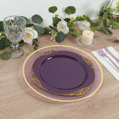 10-Pack Plastic 10’’ Round Dinner Plates in Purple with Gold Leaf Embossed Rim - Disposable Vintage Baroque Style