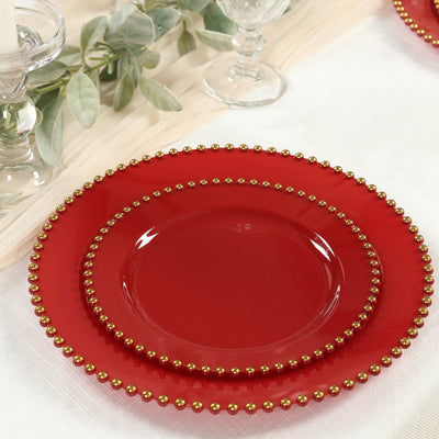 10-Pack Plastic 10’’ Round Dinner Plates in Red with Gold Beaded Rim - Disposable Party Plates for Banquets & Festive