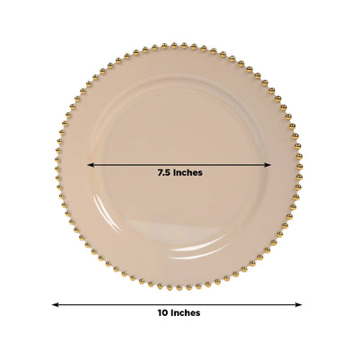 10-Pack Plastic 10’’ Round Dinner Plates in Taupe with Gold Beaded Rim - Disposable Party Plates for Banquets & Festive