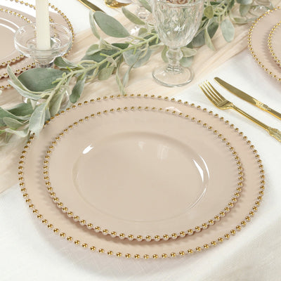 10-Pack Plastic 10’’ Round Dinner Plates in Taupe with Gold Beaded Rim - Disposable Party Plates for Banquets & Festive