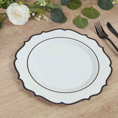 10-Pack Plastic 10’’ Round Dinner Plates in White with Black Scalloped Rim - Disposable Party Plates - Plates