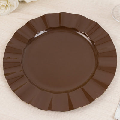 10-Pack Plastic 11’’ Round Dinner Plates in Cinnamon Brown Ruffled Rim with Gold Edging - Sturdy Disposable Dinnerware
