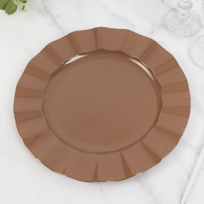 10-Pack Plastic 11’’ Round Dinner Plates in Coffee Brown Ruffled Rim with Gold Edging - Sturdy Disposable Dinnerware