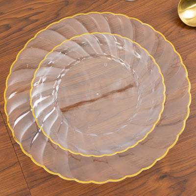 10-Pack Plastic 7.5’’ Round Salad Dessert Plates in Clear with Gold Flair Rim - Disposable Party Plates for Upscale