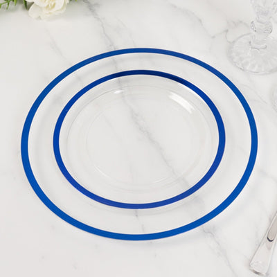 10-Pack Plastic 7’’ Round Appetizer Plates in Clear with Blue Rim - Sleek Disposable Salad Plates for Banquets &