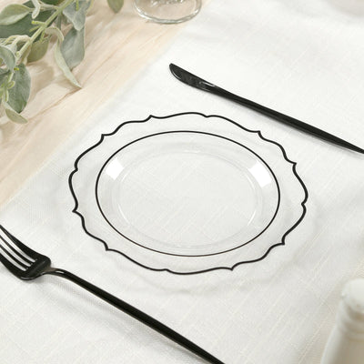10-Pack Plastic 8’’ Round Dessert Plates in Clear with Black Scalloped Rim - Disposable Appetizer/Salad Plates - Plates