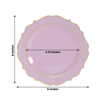 10-Pack Plastic 8’’ Round Dessert Plates in Lavender Lilac with Gold Scalloped Rim - Disposable Appetizer/Salad Plates