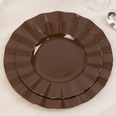 10-Pack Plastic 9’’ Round Dinner Plates in Cinnamon Brown Ruffled Rim with Gold Edging - Sturdy Disposable Dinnerware