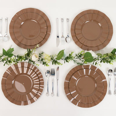 10-Pack Plastic 9’’ Round Dinner Plates in Coffee Brown Ruffled Rim with Gold Edging - Sturdy Disposable Dinnerware