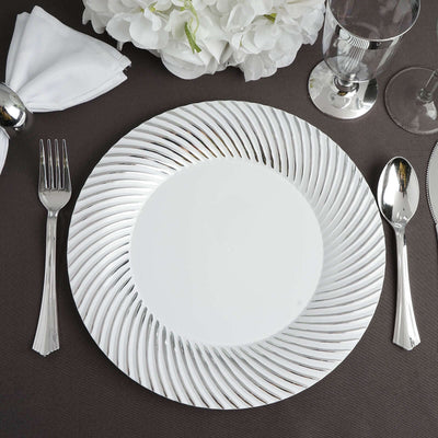 10-Pack Plastic 9’’ Round Dinner Plates White with Silver Swirl Rim - Disposable Party Plates - Plates