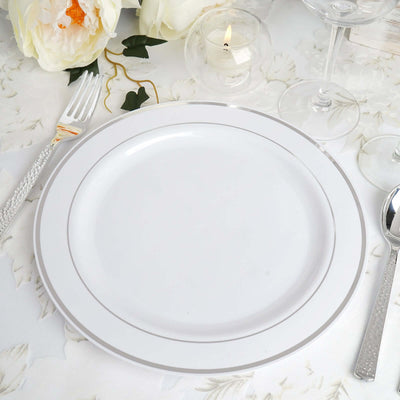 10 - Pack Plastic Dinner Plates White with TrÃ¨s Chic Silver Rim - Perfect Disposable Party Plates 10" - Linen Luxes