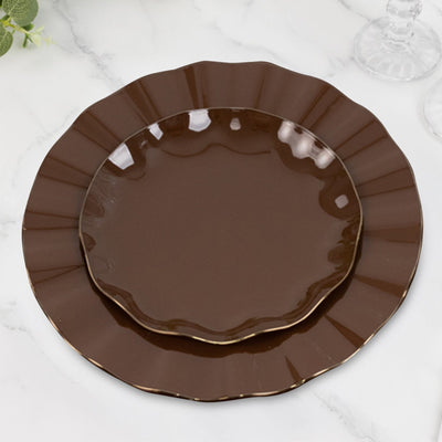 10-Pack Plastic Round 6’’ Dessert Plates in Cinnamon Brown Ruffled Rim with Gold Edging - Sturdy Disposable Salad