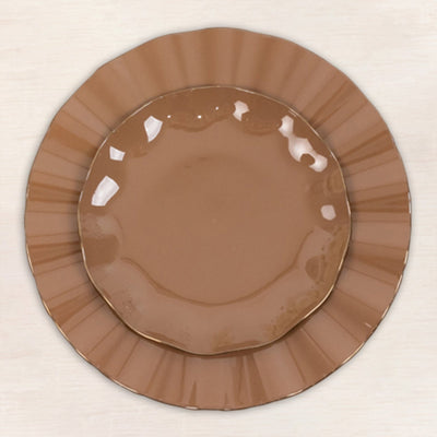 10-Pack Plastic Round 6’’ Dessert Plates in Coffee Brown Ruffled Rim with Gold Edging - Sturdy Disposable Salad