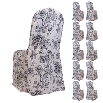 10 Pack Polyester Chair Covers for Banquet Chairs â€“ White Black French Toile Pattern Reusable Stain-Resistant Slip-On