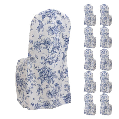 10 Pack Polyester Chair Covers for Banquet Chairs â€“ White Blue French Toile Pattern Reusable Stain-Resistant Slip-On