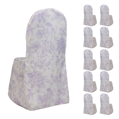 10 Pack Polyester Chair Covers for Banquet Chairs â€“ White Lavender Lilac French Toile Pattern Reusable
