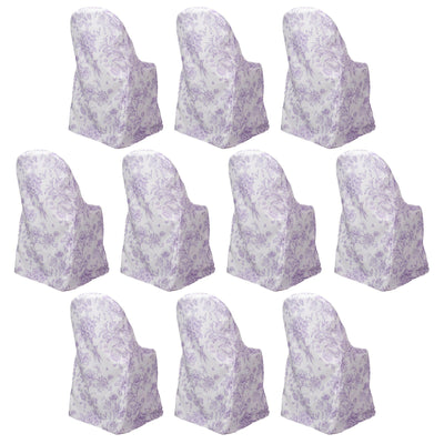 10 Pack Polyester Chair Covers for Folding Chairs â€“ White Lavender Lilac French Toile Pattern Reusable