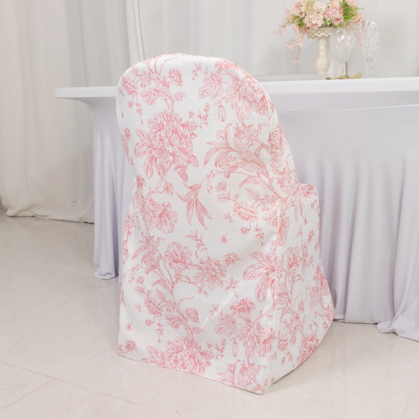 10 Pack Polyester Chair Covers for Folding Chairs â€“ White Pink French Toile Pattern Reusable Stain-Resistant Slip-On
