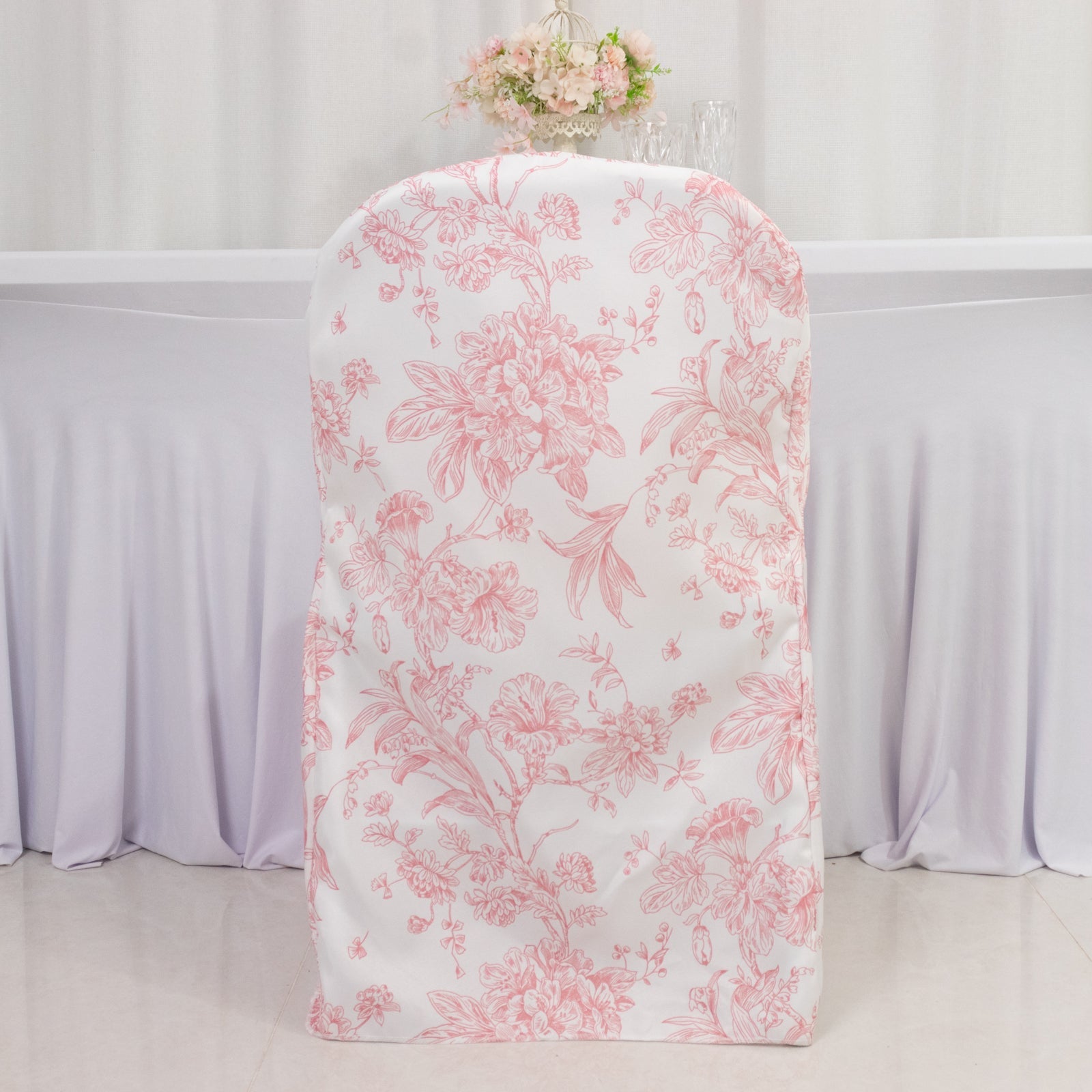 10 Pack Polyester Chair Covers for Folding Chairs â€“ White Pink French Toile Pattern Reusable Stain-Resistant Slip-On