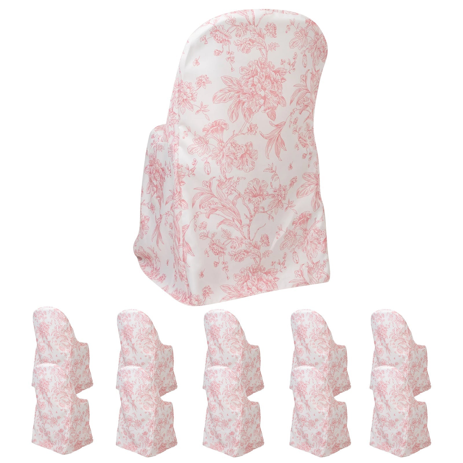 10 Pack Polyester Chair Covers for Folding Chairs â€“ White Pink French Toile Pattern Reusable Stain-Resistant Slip-On