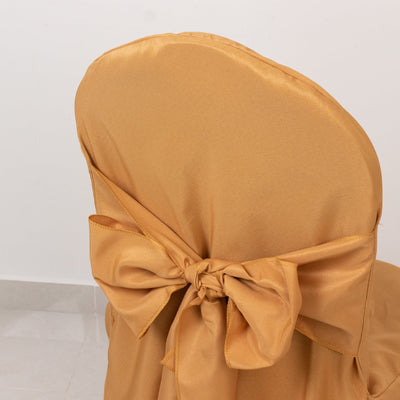 10-Pack Polyester Slip-On Banquet Chair Covers with Attached Sashes â€“ Gold Reusable Stain-Resistant Covers