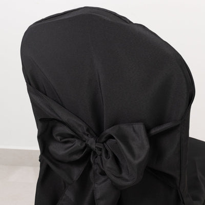 10-Pack Polyester Slip-On Banquet Chair Covers with Attached Sashes â€“ Black Reusable Stain-Resistant Covers