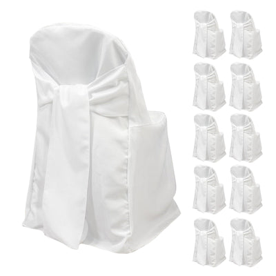 10-Pack Polyester Slip-On Folding Chair Covers with Attached Sashes â€“ White Durable Reusable Covers for Wedding &