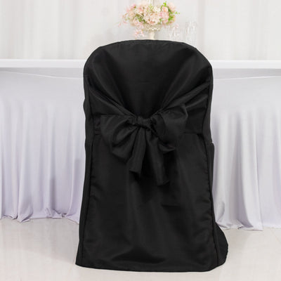 10-Pack Polyester Slip-On Folding Chair Covers with Attached Sashes â€“ Black Durable Reusable Covers for Wedding &