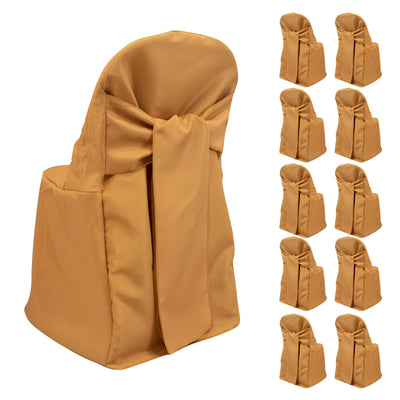 10-Pack Polyester Slip-On Folding Chair Covers with Attached Sashes â€“ Gold Durable Reusable Covers for Wedding &
