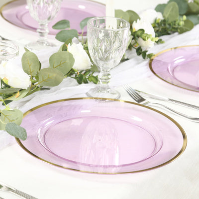 10 Pack Purple Economy Plastic Charger Plates With Gold Rim 12’’ Round Transparent Dinner Chargers Event Tabletop Decor