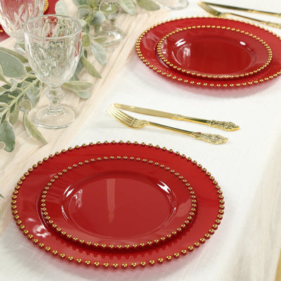 10-Pack Red Plastic Dessert Plates â€“ 8’’ Round with Gold Beaded Rim Disposable for Parties & Events - Disposables