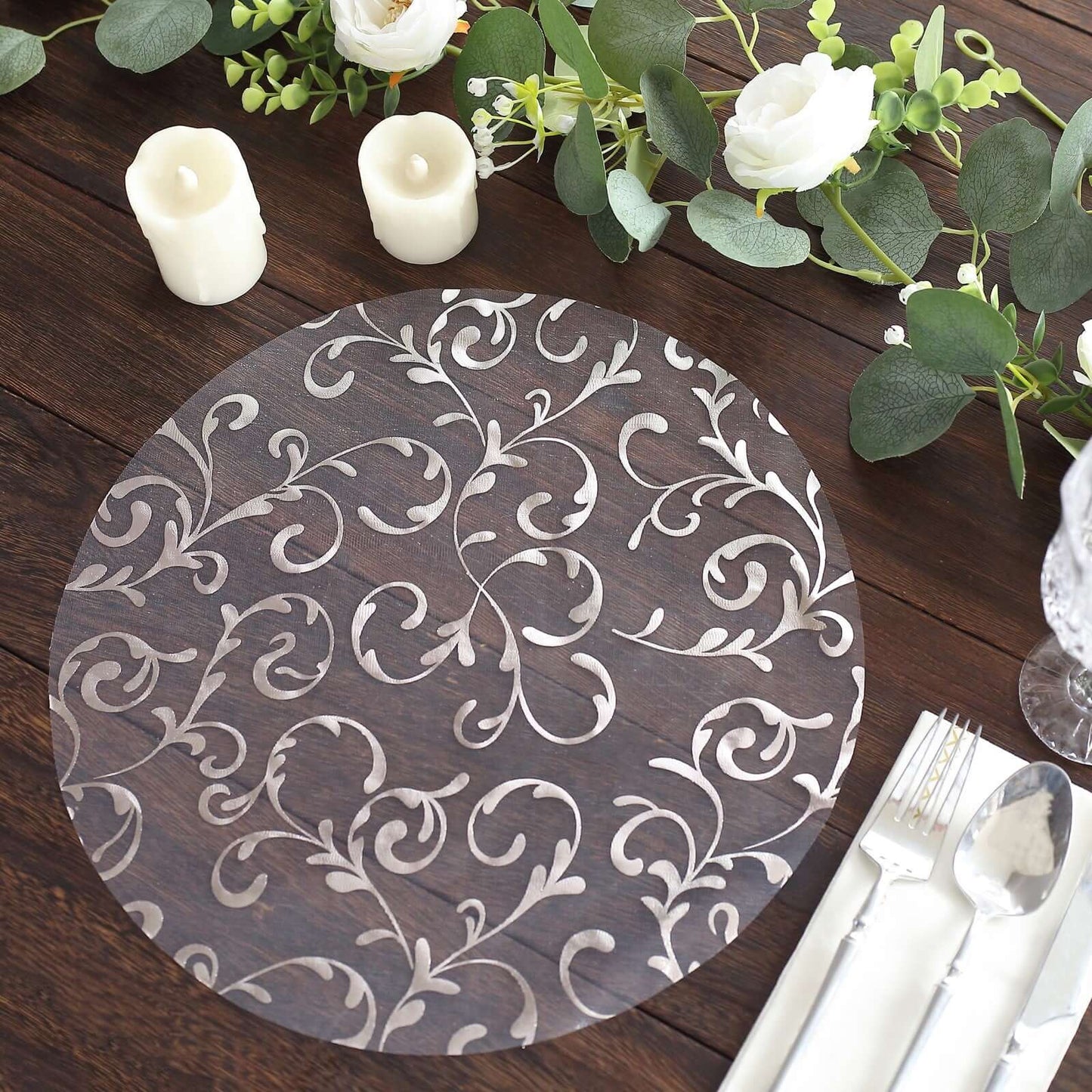 10-Pack Table Placemats Embossed Foil Flower Design Metallic Silver Round - Sheer Organza Disposable Mats 13"