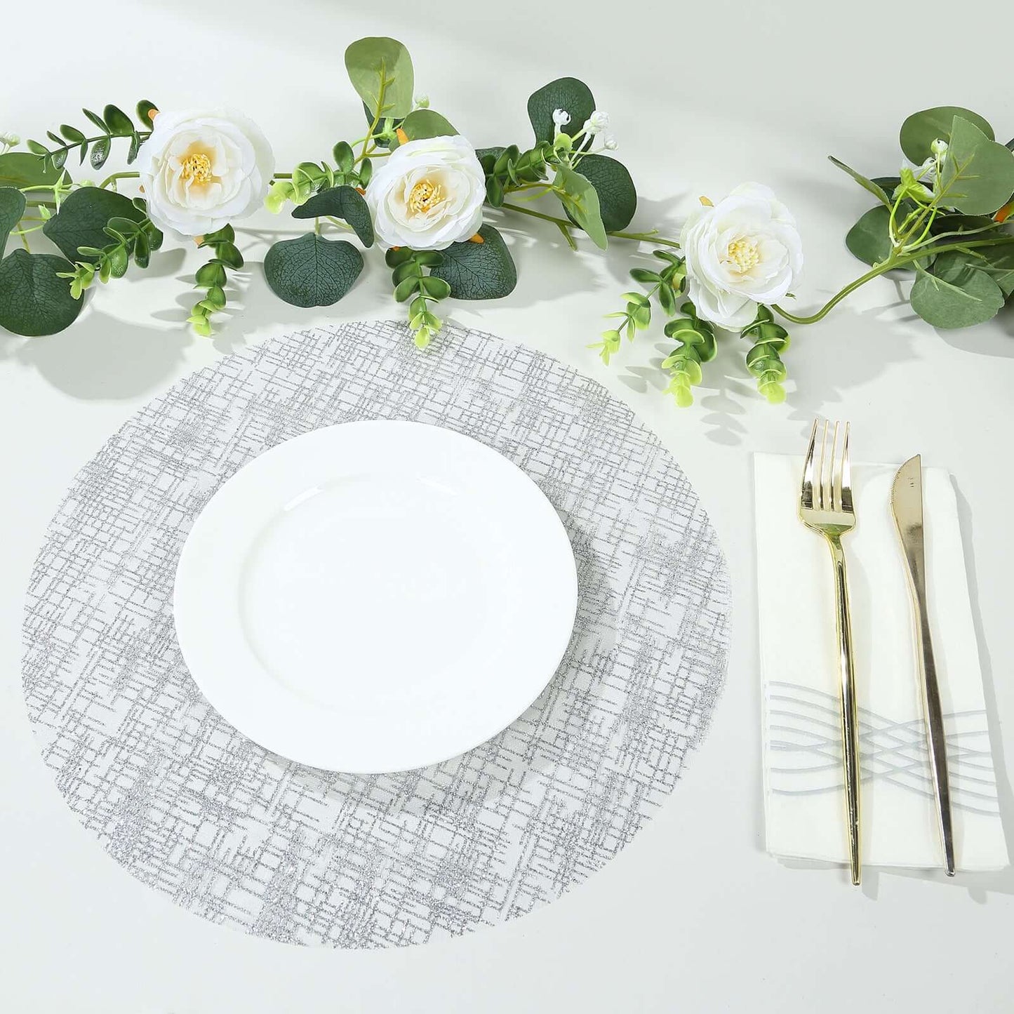 10-Pack Table Placemats Glitter Design Metallic Silver Round - Mesh Polyester Disposable Mats 13"