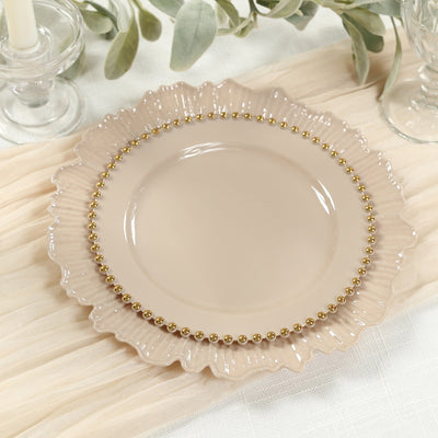 10-Pack Taupe Plastic Dessert Plates â€“ 8’’ Round with Gold Beaded Rim Disposable for Parties & Events - Disposables
