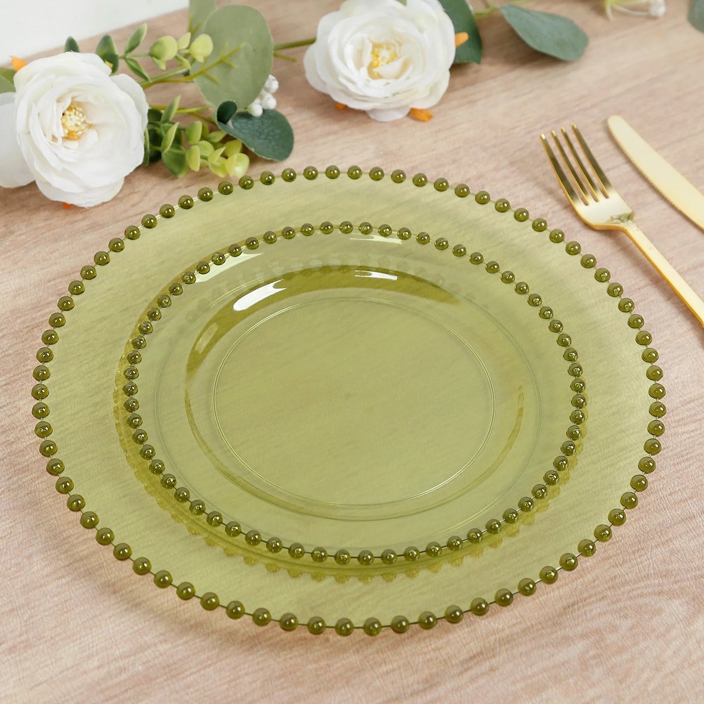10-Pack Transparent Dusty Sage Green Plastic Dessert Plates â€“ 8’’ Round with Beaded Rim Disposable for Parties &