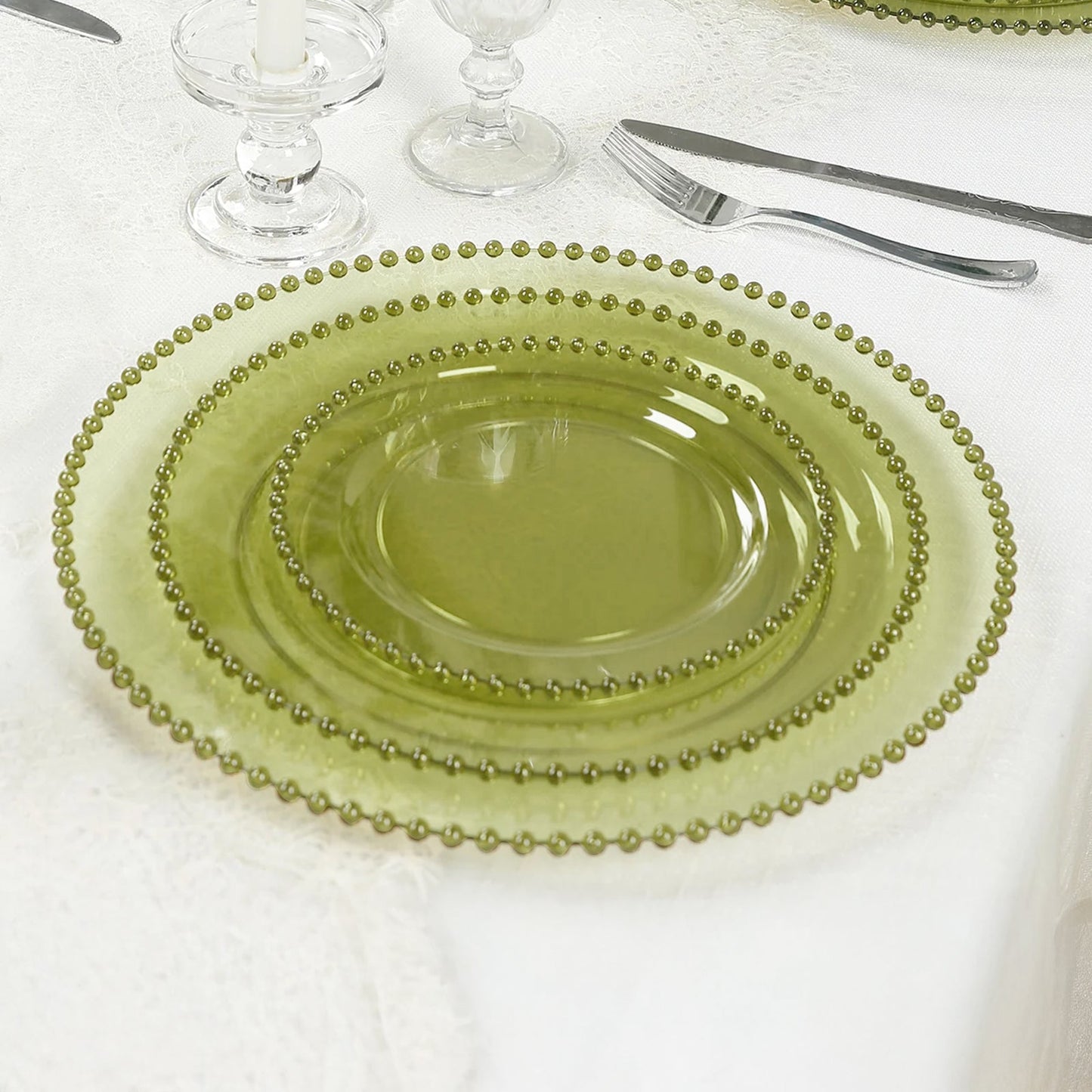 10-Pack Transparent Dusty Sage Green Plastic Dessert Plates â€“ 8’’ Round with Beaded Rim Disposable for Parties &