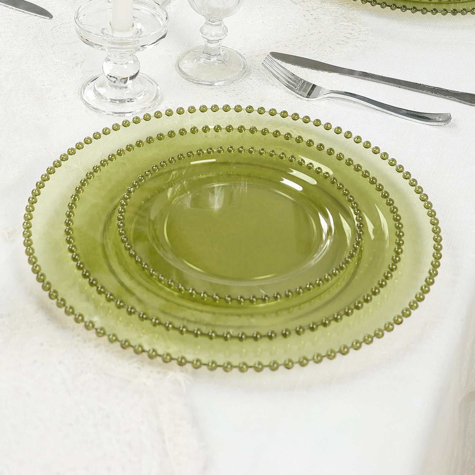10-Pack Transparent Dusty Sage Green Plastic Dessert Plates â€“ 8’’ Round with Beaded Rim Disposable for Parties &