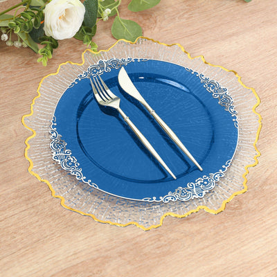 10-Pack Plastic 10" Round Dinner Plates in Transparent Navy Blue with Silver Leaf Embossed Rim - Disposable Vintage Baroque Style Plates