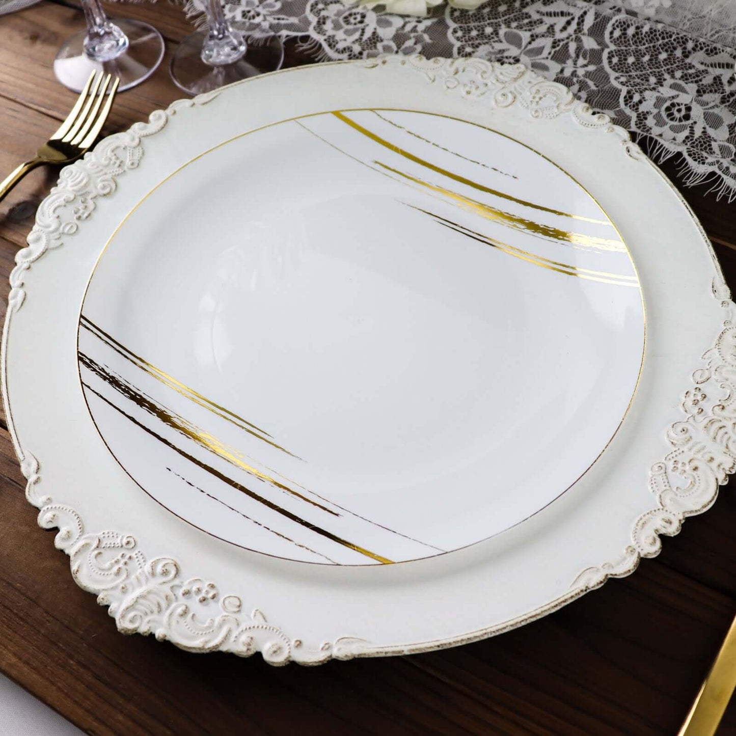 10-Pack Plastic 10" Round Dinner Plates in White with Gold Brush Stroked Print - Disposable Party Dinnerware for Modern Themed Events & Banquets