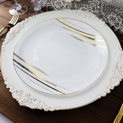 10-Pack Plastic 10" Round Dinner Plates in White with Gold Brush Stroked Print - Disposable Party Dinnerware for Modern Themed Events & Banquets