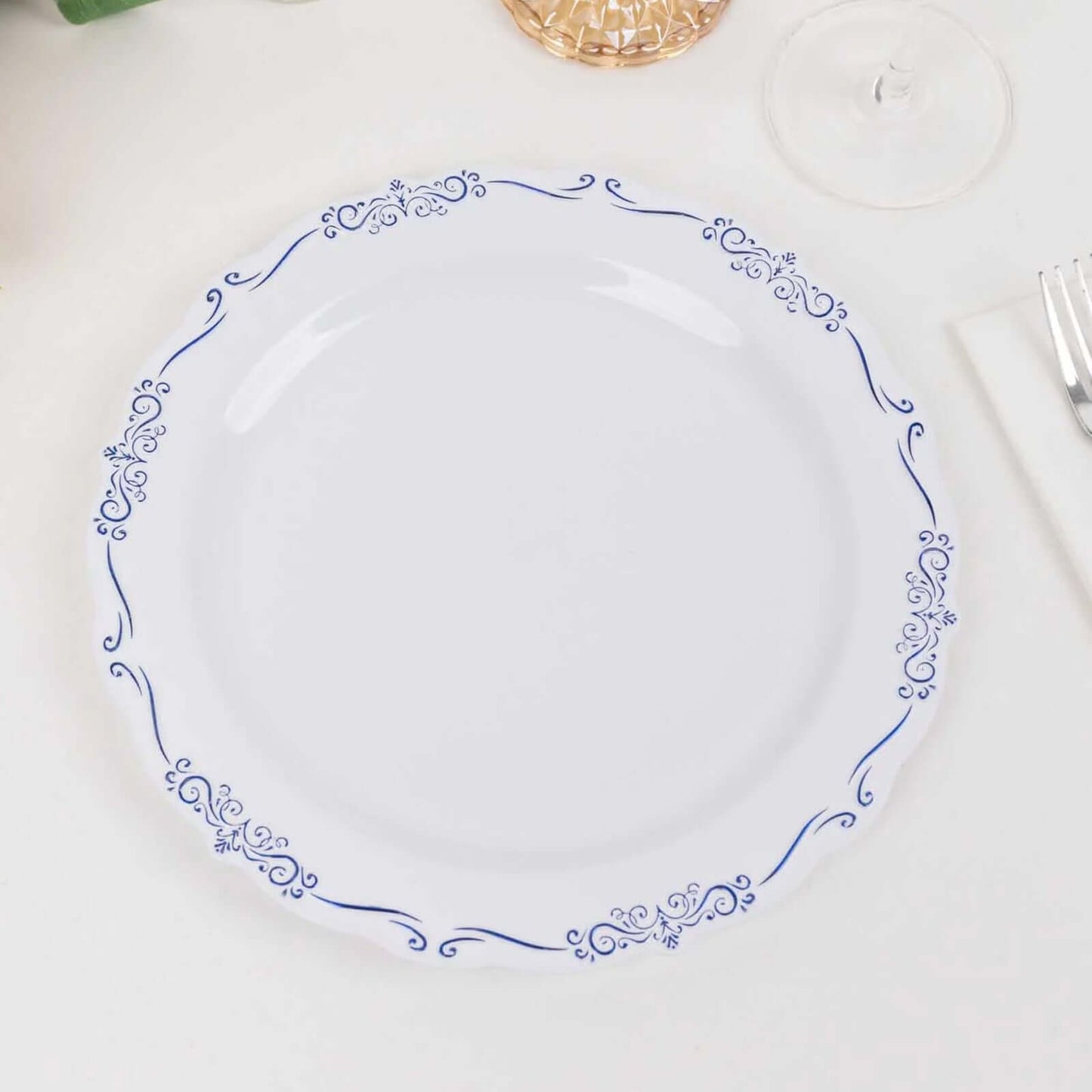 10-Pack Plastic 10" Round Dinner Plates in White with Blue Vintage Embossed Rim - Sturdy Disposable Scalloped Edge Party Plates
