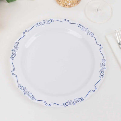 10-Pack Plastic 10" Round Dinner Plates in White with Blue Vintage Embossed Rim - Sturdy Disposable Scalloped Edge Party Plates
