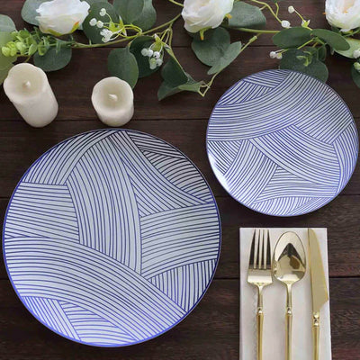 10-Pack Plastic 10" Round Dinner Plates in White with Blue Wave Brush Strokes Pattern - Disposable Party Plates